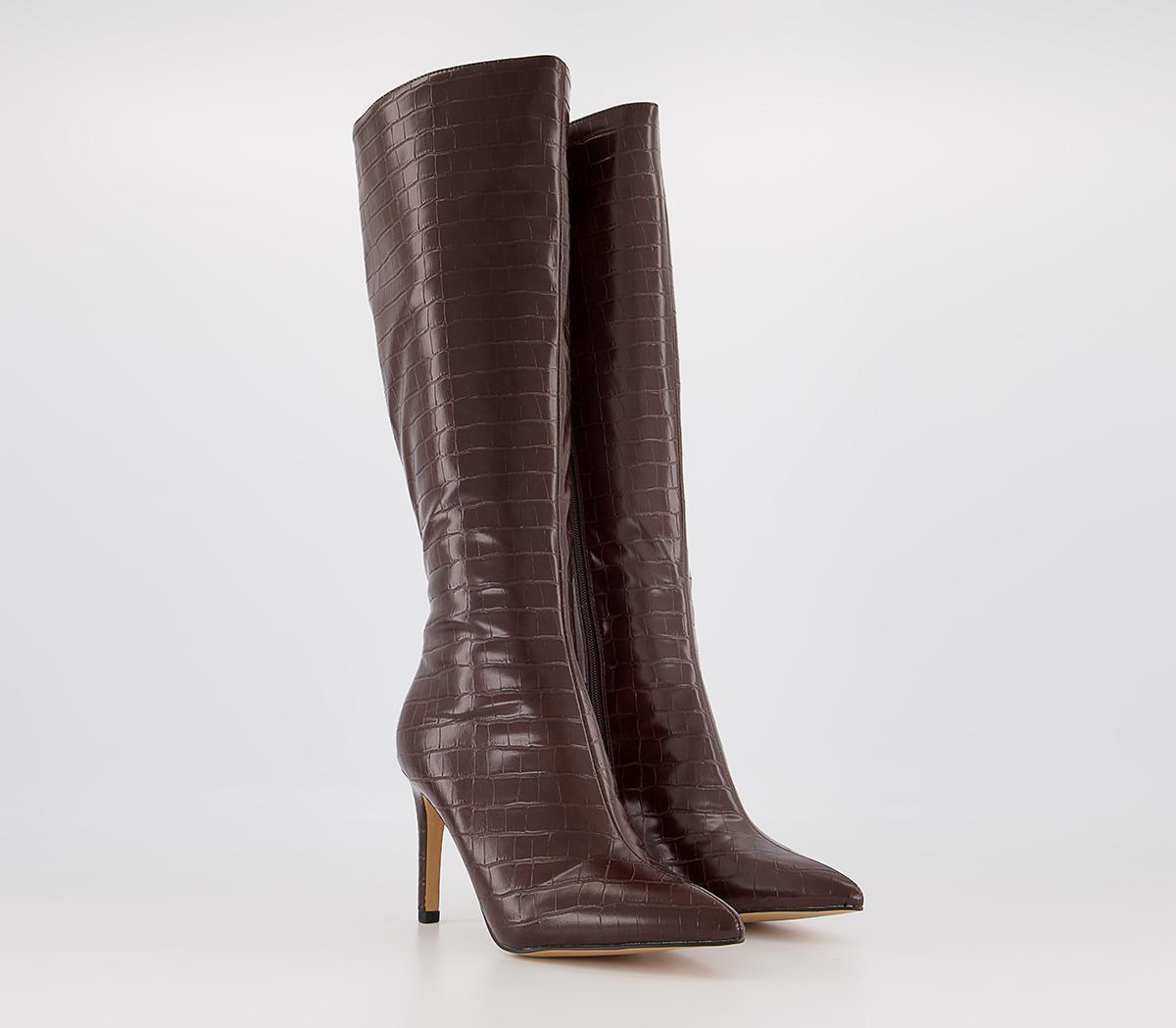 Office Knighted Pointed Toe Knee High Heeled Boots Office Knighted Pointed Toe Knee High Heeled Boots Chocolate Croc