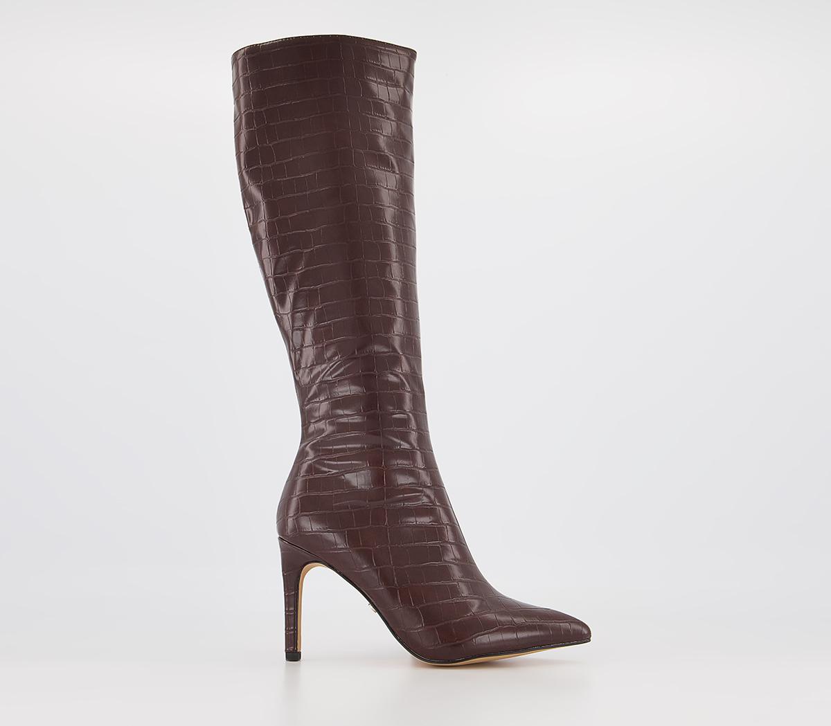 Office Knighted Pointed Toe Knee High Heeled Boots Office Knighted Pointed Toe Knee High Heeled Boots Chocolate Croc