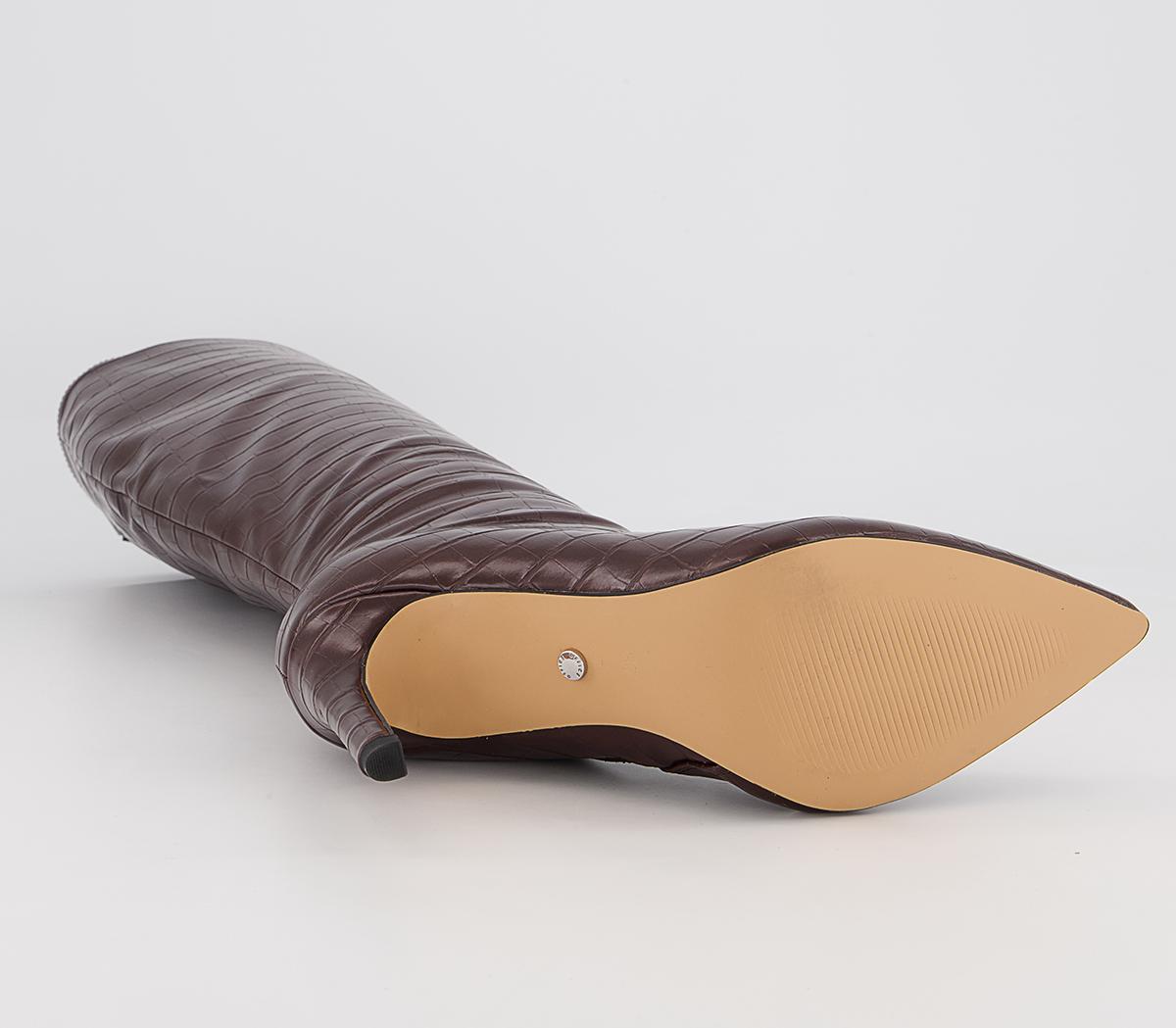 Office Knighted Pointed Toe Knee High Heeled Boots Office Knighted Pointed Toe Knee High Heeled Boots Chocolate Croc