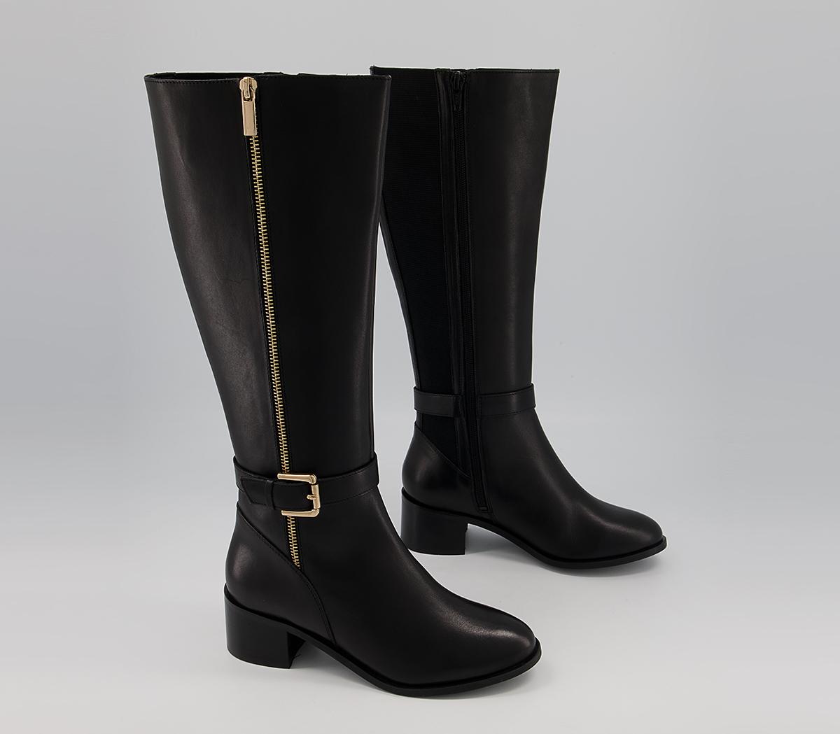 Office Kalamity Mid Heel Zip-Up Knee High Boots Office Kalamity Mid Heel Zip-Up Knee High Boots Black Leather