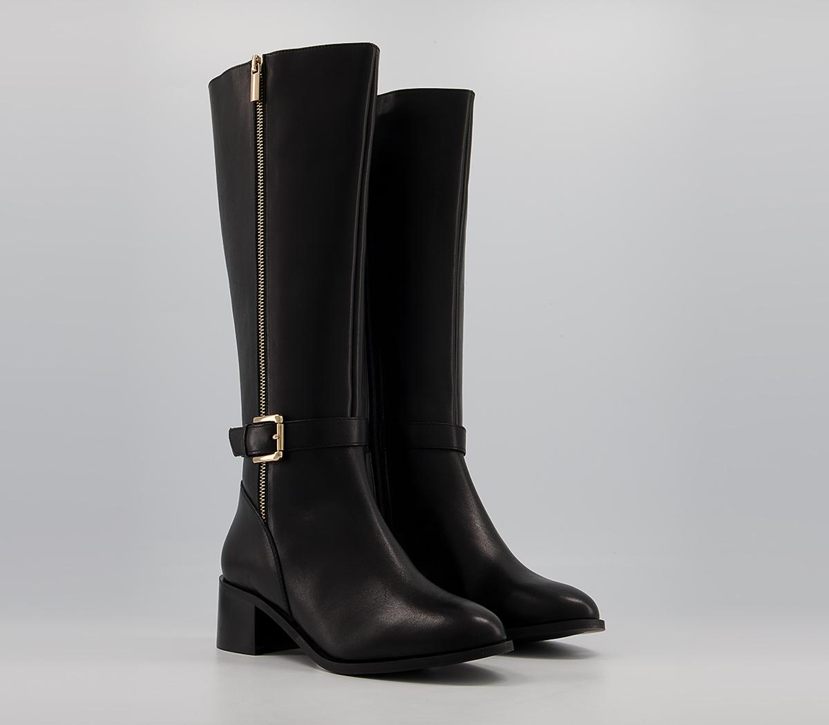 Office Kalamity Mid Heel Zip-Up Knee High Boots Office Kalamity Mid Heel Zip-Up Knee High Boots Black Leather