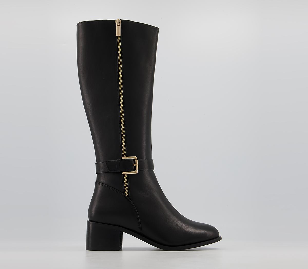 Office Kalamity Mid Heel Zip-Up Knee High Boots Office Kalamity Mid Heel Zip-Up Knee High Boots Black Leather