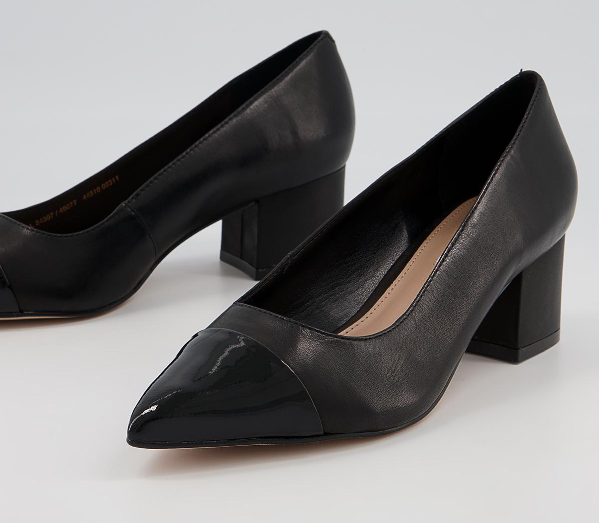 Office Mindy Toe Cap Low Point Heels Office Mindy Toe Cap Low Point Heels Black Leather With Patent Toe Cap