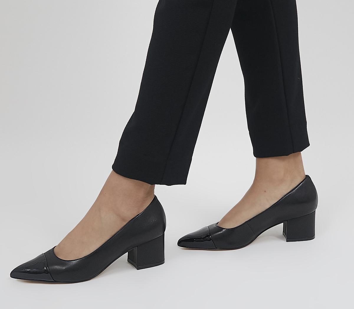 OfficeMindy Toe Cap Low Point HeelsBlack Leather With Patent Toe Cap