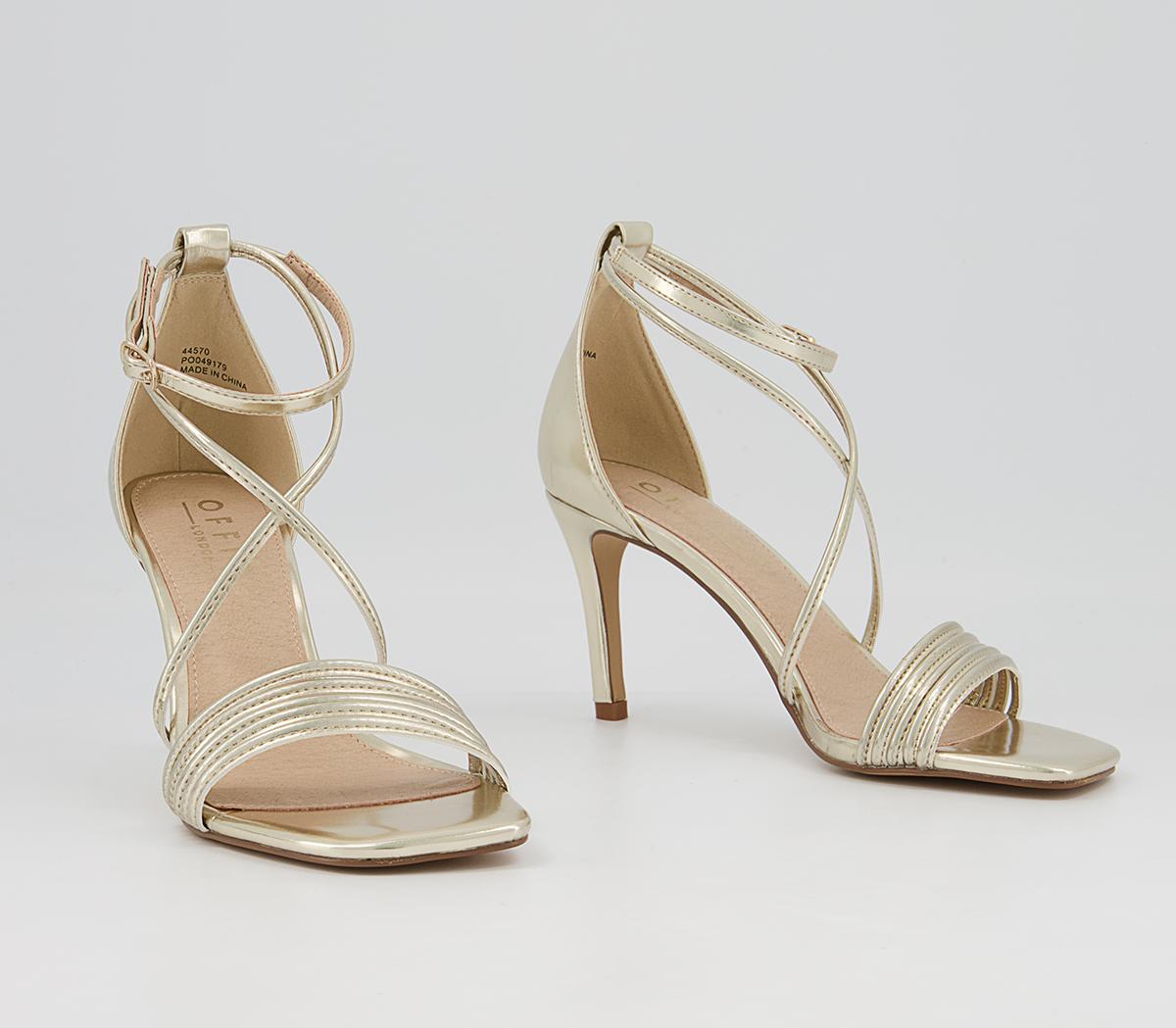 Office Mischief Skinny Strappy Stiletto Mid Heeled Sandals Office Mischief Skinny Strappy Stiletto Mid Heeled Sandals Gold