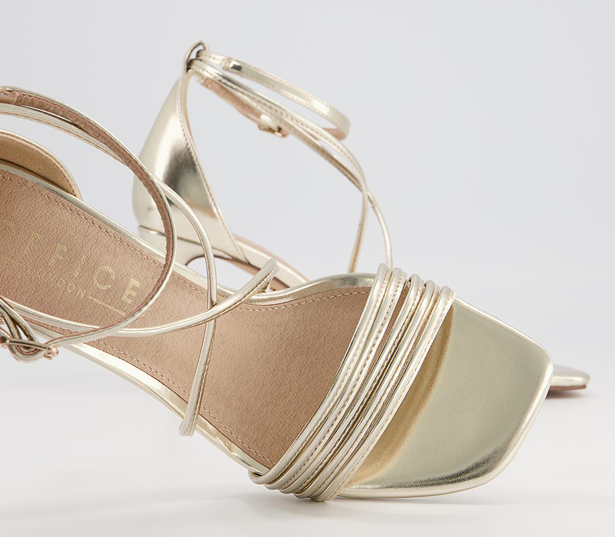 Office Mischief Skinny Strappy Stiletto Mid Heeled Sandals Office Mischief Skinny Strappy Stiletto Mid Heeled Sandals Gold
