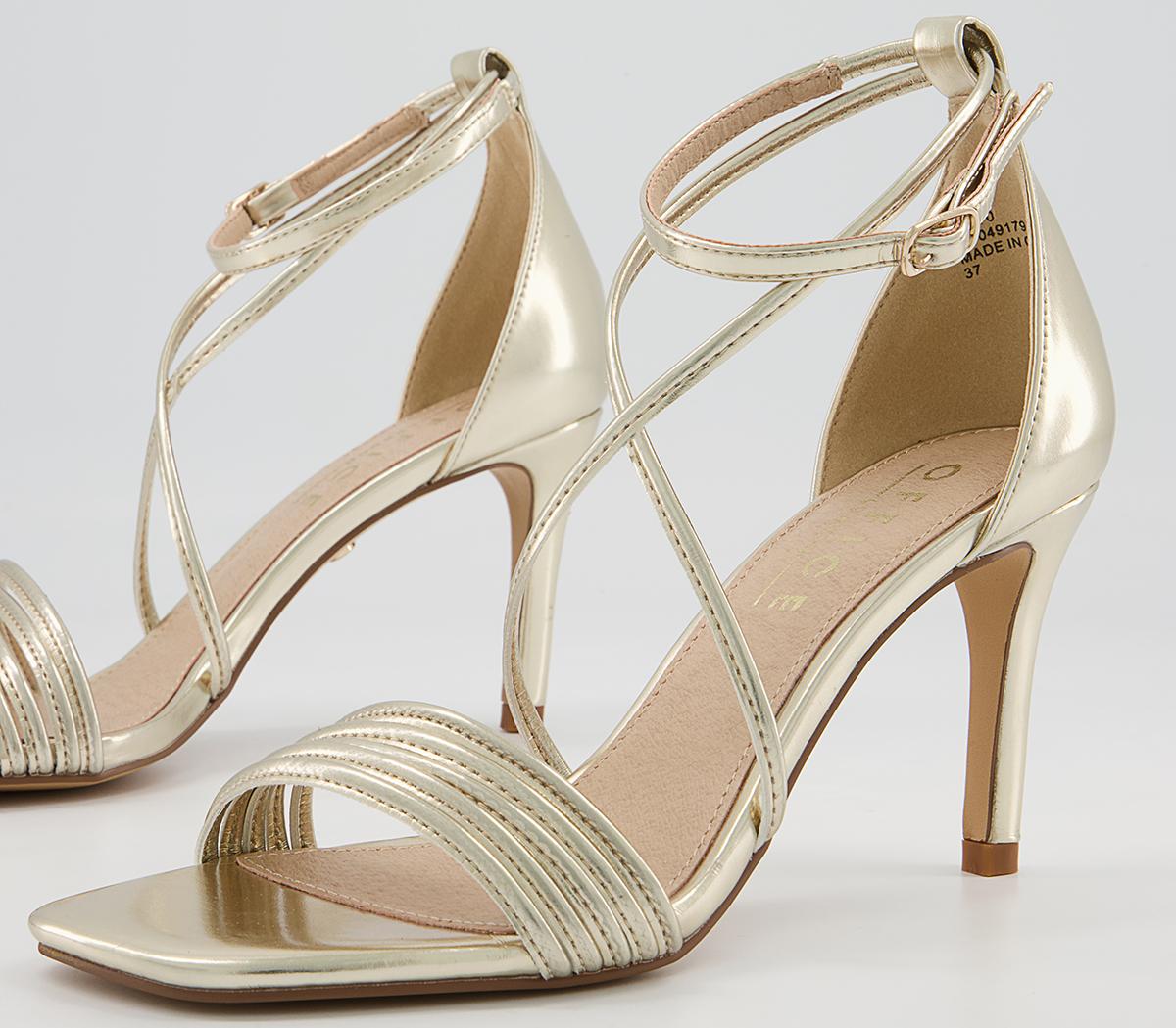 Office Mischief Skinny Strappy Stiletto Mid Heeled Sandals Office Mischief Skinny Strappy Stiletto Mid Heeled Sandals Gold