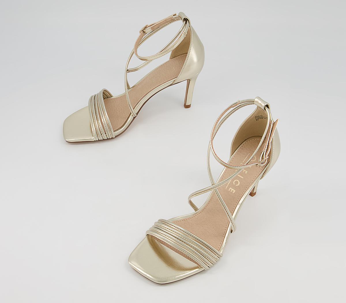 Office Mischief Skinny Strappy Stiletto Mid Heeled Sandals Office Mischief Skinny Strappy Stiletto Mid Heeled Sandals Gold