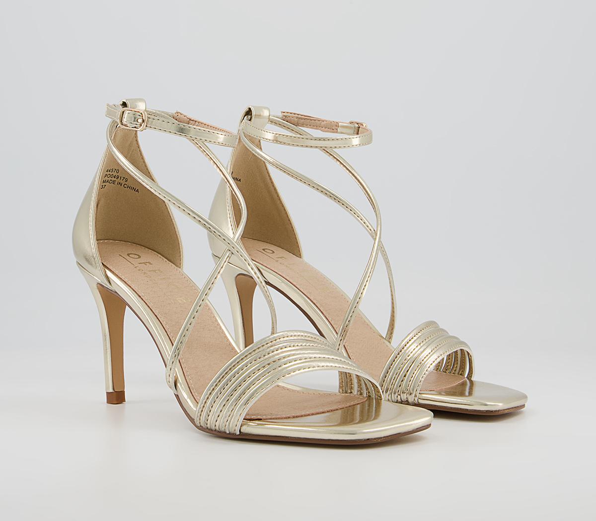Office Mischief Skinny Strappy Stiletto Mid Heeled Sandals Office Mischief Skinny Strappy Stiletto Mid Heeled Sandals Gold