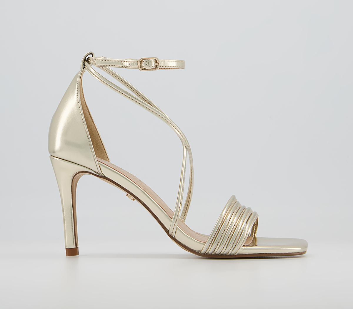 Office Mischief Skinny Strappy Stiletto Mid Heeled Sandals Office Mischief Skinny Strappy Stiletto Mid Heeled Sandals Gold