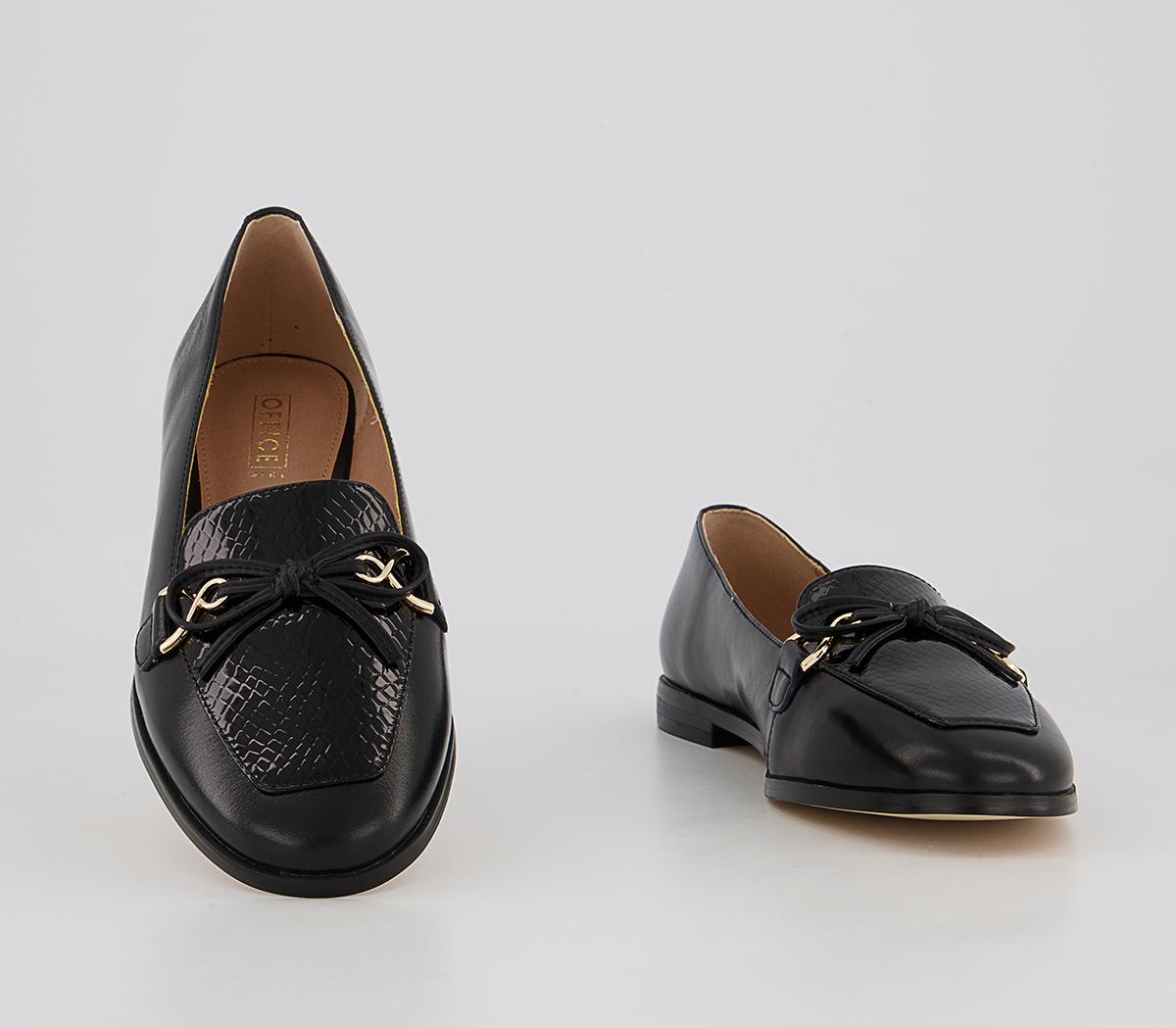 Office Feather Bow Loafers Office Feather Bow Loafers Black Leather Snake Mix