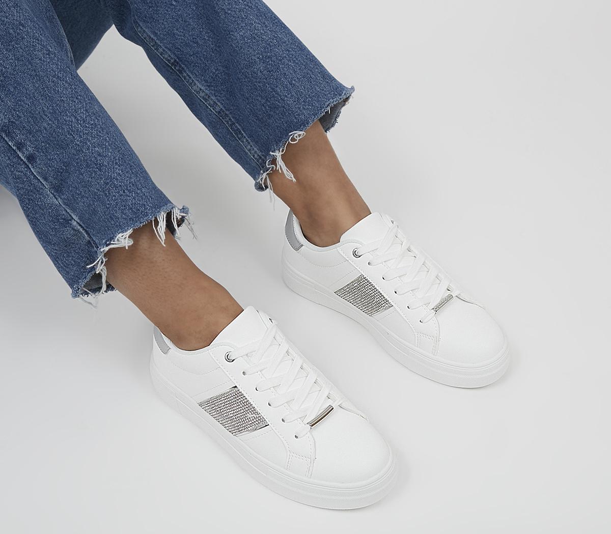 Florence Lace Up Trainers White Silver Embellished