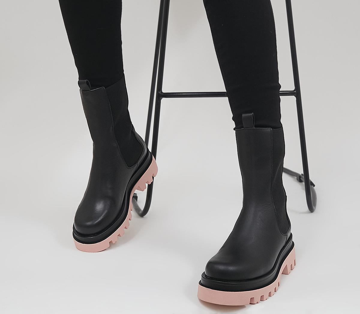 OFFICEAllegra Coloured Sole Chunky Ankle BootsBlack Leather With Pink Sole