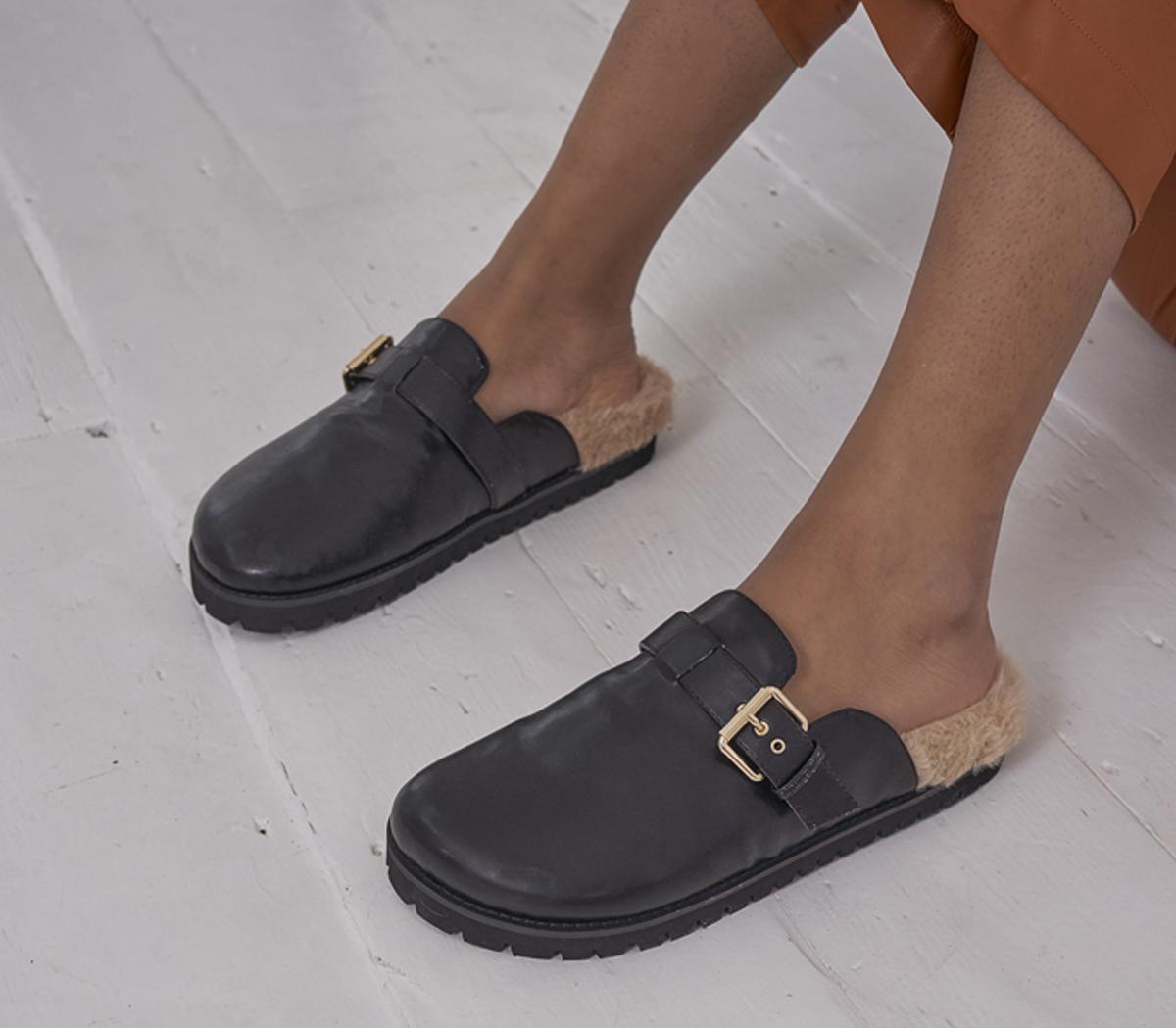 Office Factoring Faux Fur Buckle Flat Mules Office Factoring Faux Fur Buckle Flat Mules Black