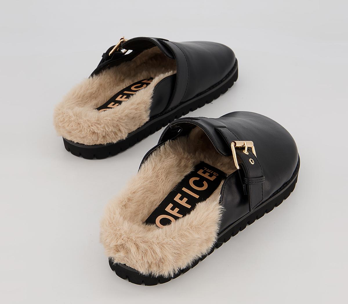Office Factoring Faux Fur Buckle Flat Mules Office Factoring Faux Fur Buckle Flat Mules Black