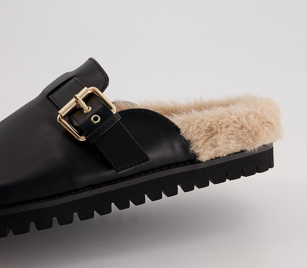 Office Factoring Faux Fur Buckle Flat Mules Office Factoring Faux Fur Buckle Flat Mules Black