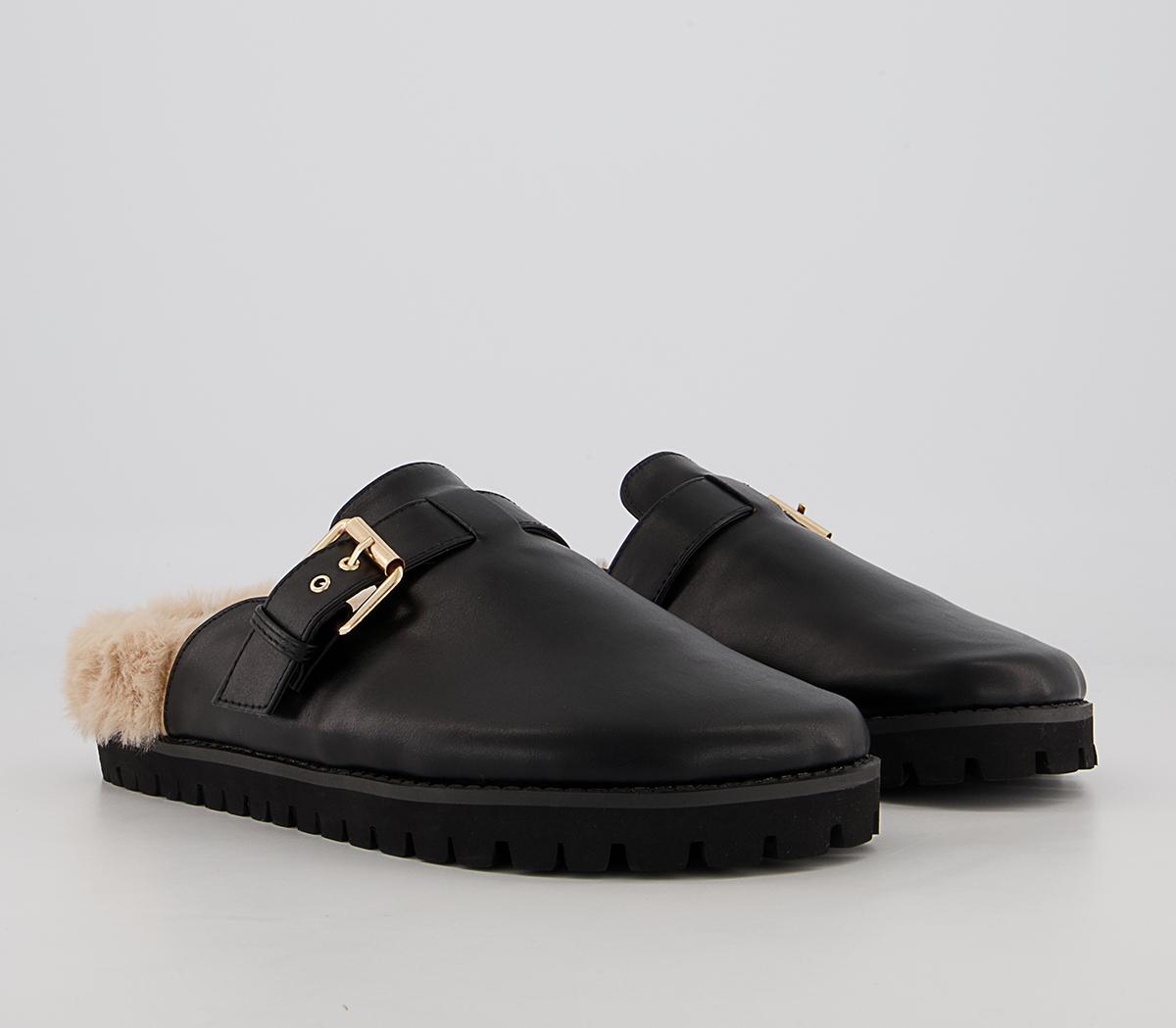 Office Factoring Faux Fur Buckle Flat Mules Office Factoring Faux Fur Buckle Flat Mules Black