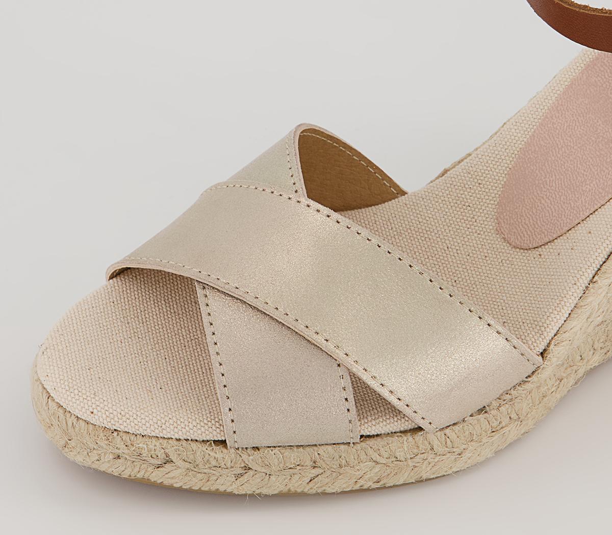 OFFICE Mooch Cross Strap Espadrille Wedges Gold Leather - Mid Heels