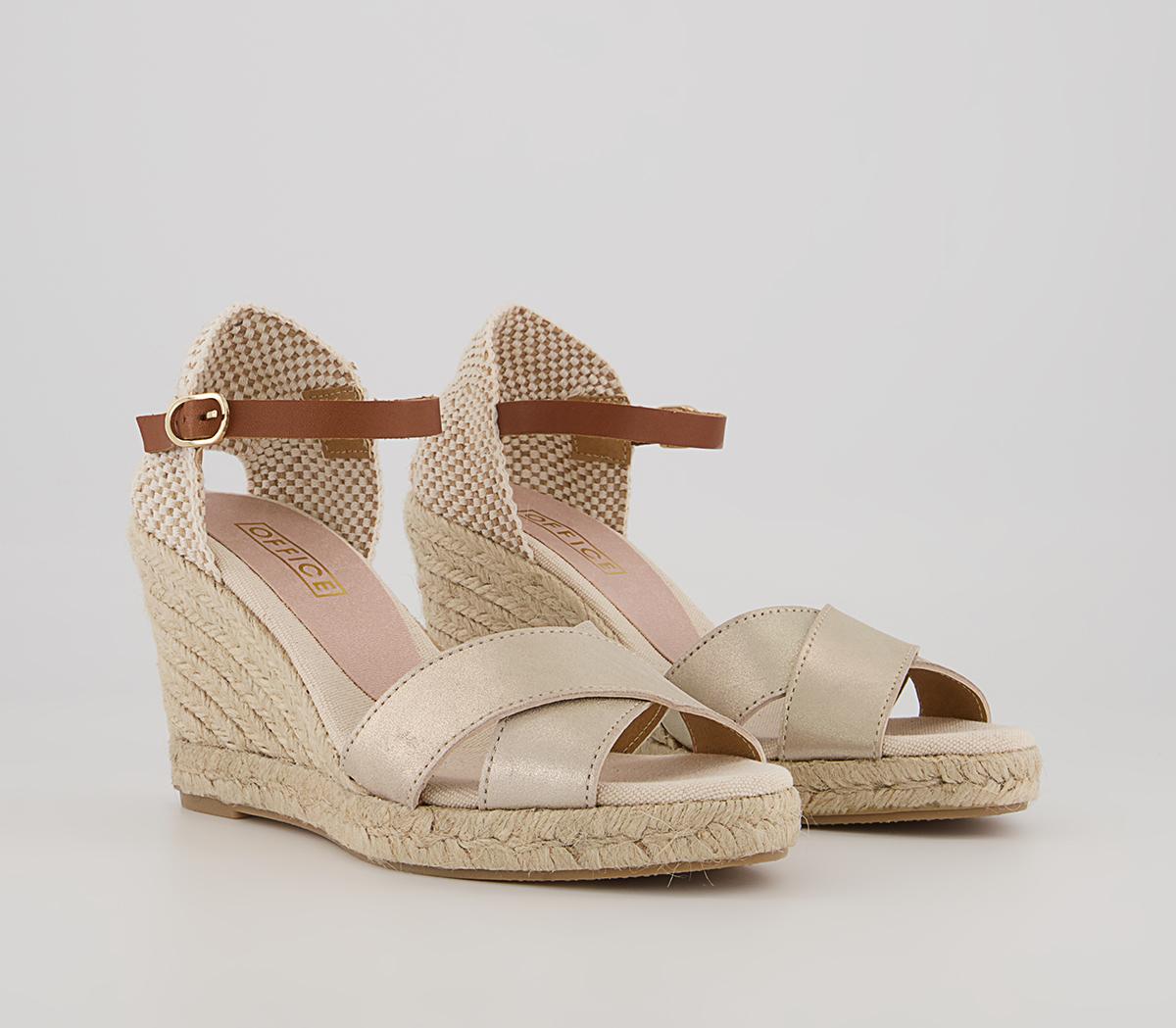 OFFICE Mooch Cross Strap Espadrille Wedges Gold Leather - Mid Heels