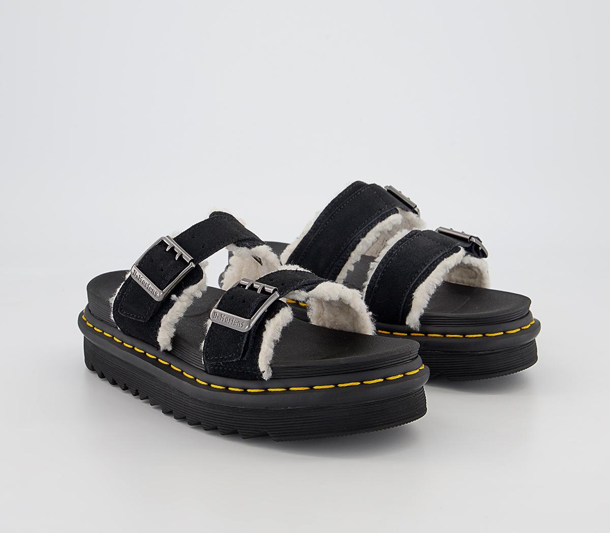 Dr. Martens Myles Sandals Black Suede Cream Sherpa Women’s Sandals