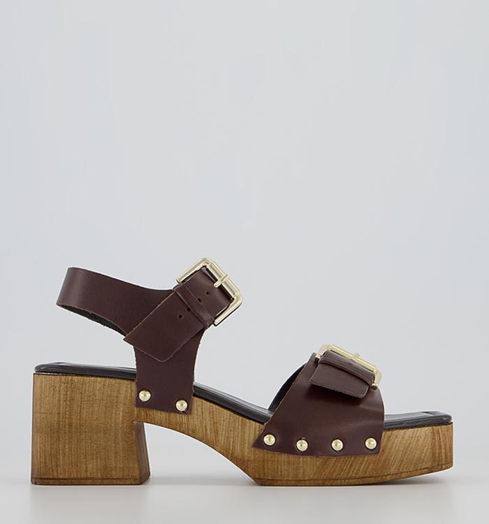 Office Motto Wood Block Two Part Sandals Chocolate Leather