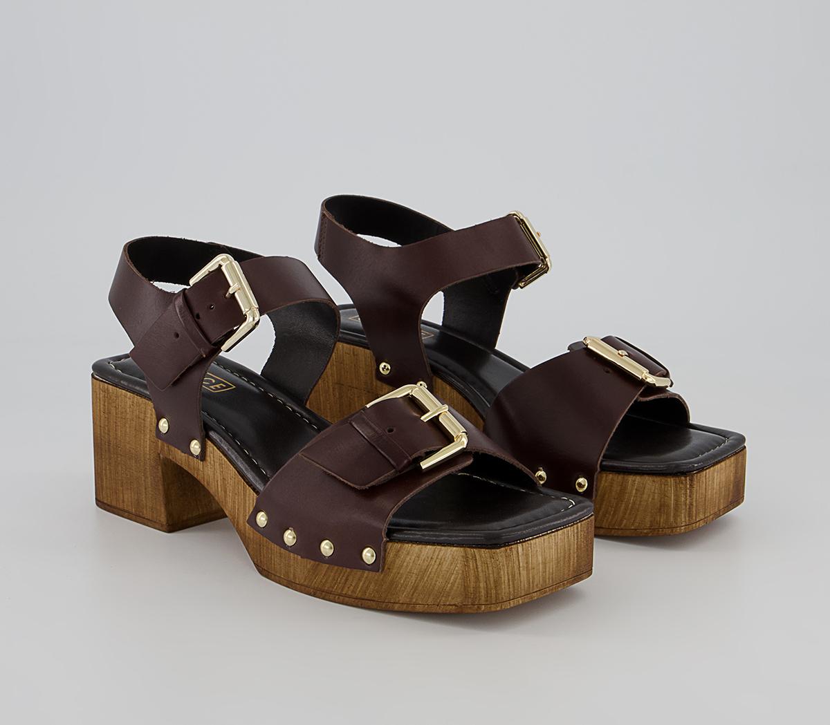 OFFICE Motto Wood Block Two Part Sandals Chocolate Leather - Heels
