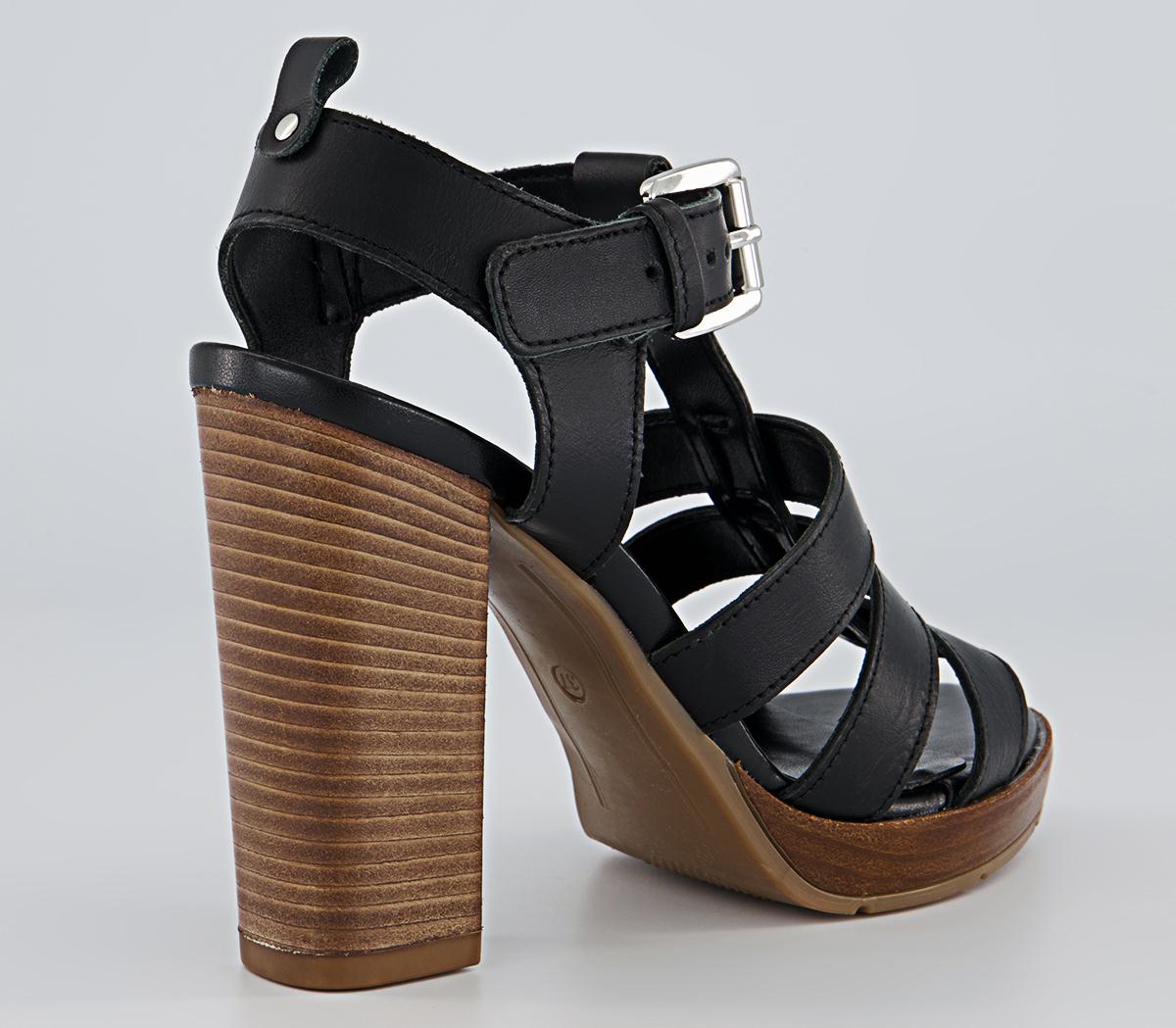 OFFICE Holla Wood Block Heeled Sandals Black Leather Heels