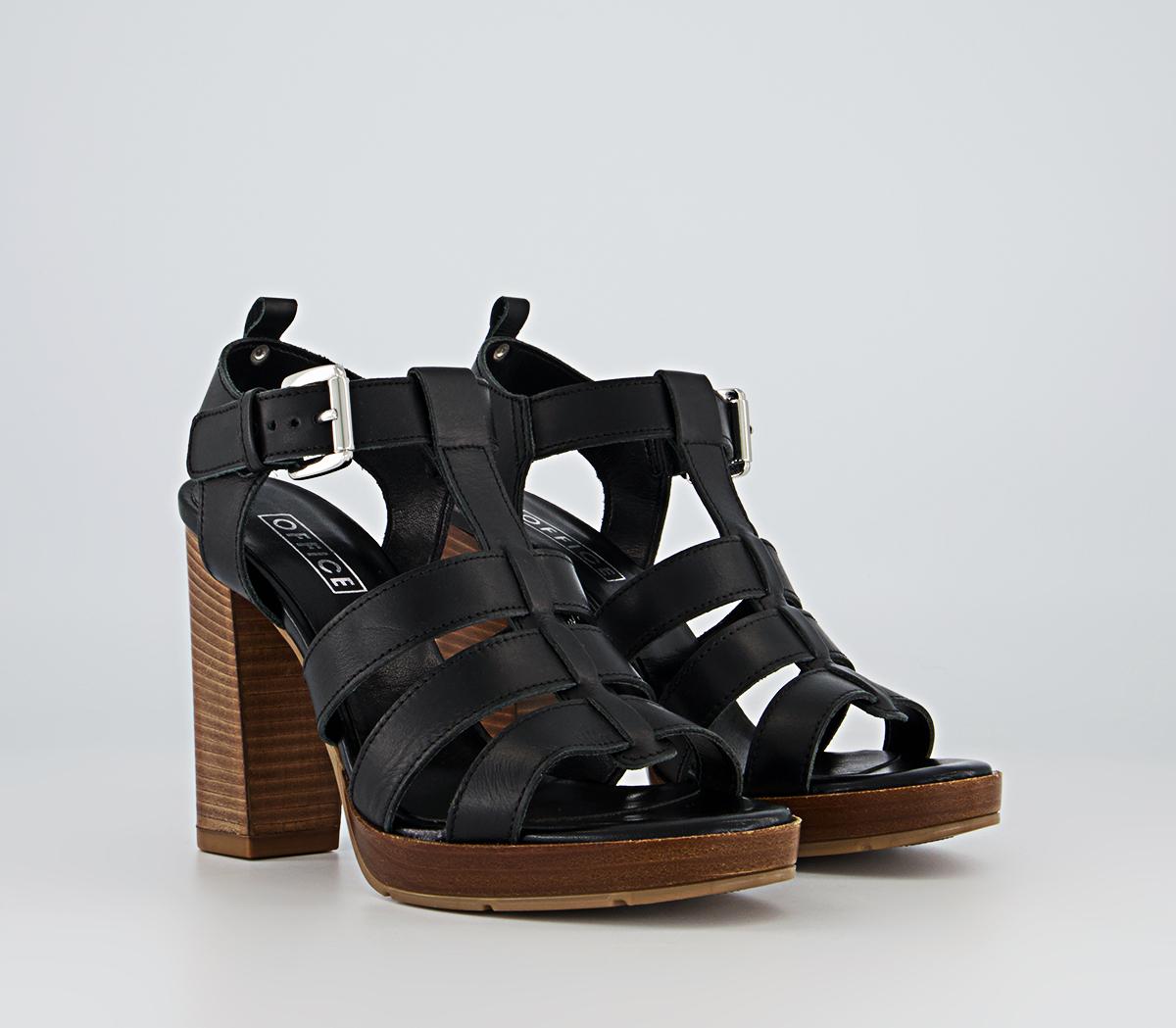 OFFICE Holla Wood Block Heeled Sandals Black Leather Heels