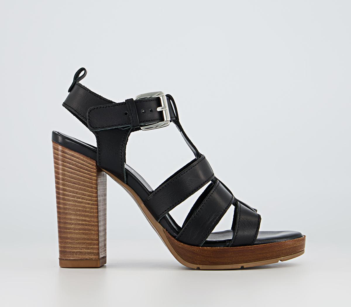 Black leather shop heeled sandals