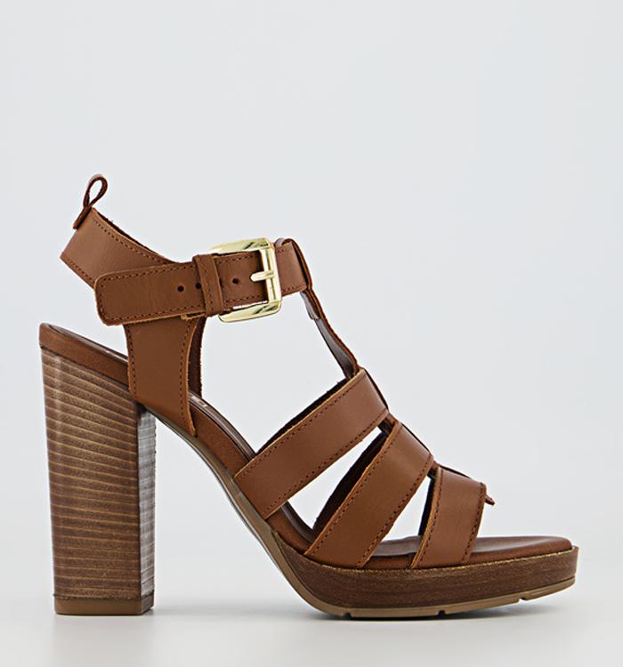 Office Holla Wood Block Heeled Sandals Tan Leather