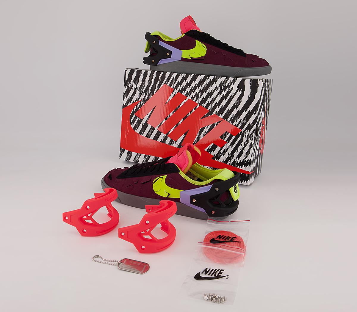 NikeBlazer Low Acronym Trainers Night Maroon Lemon Venom Black