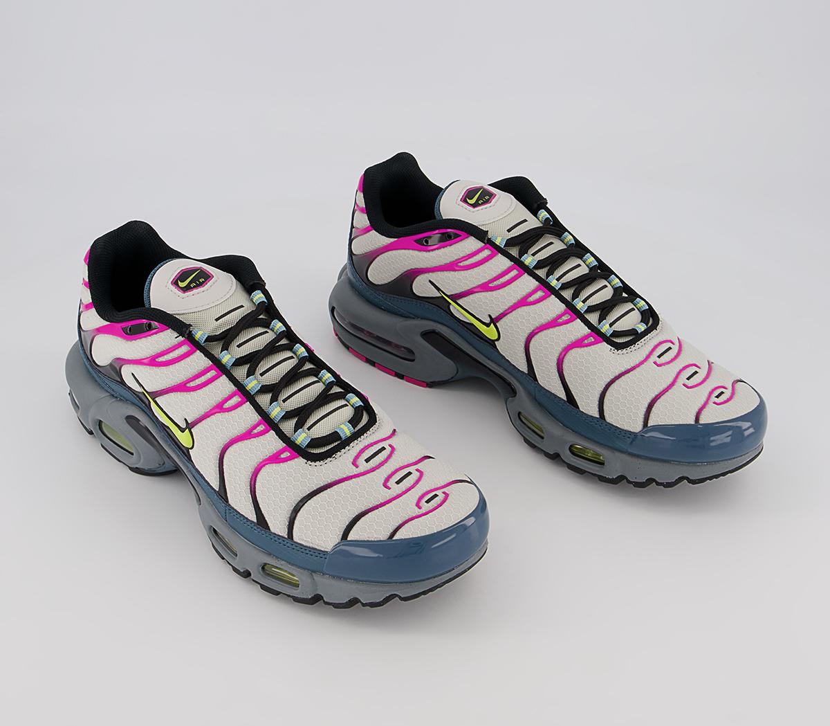 white pink and lime green air max plus