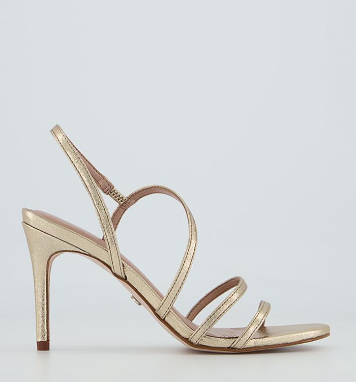 low heel gold strappy shoes