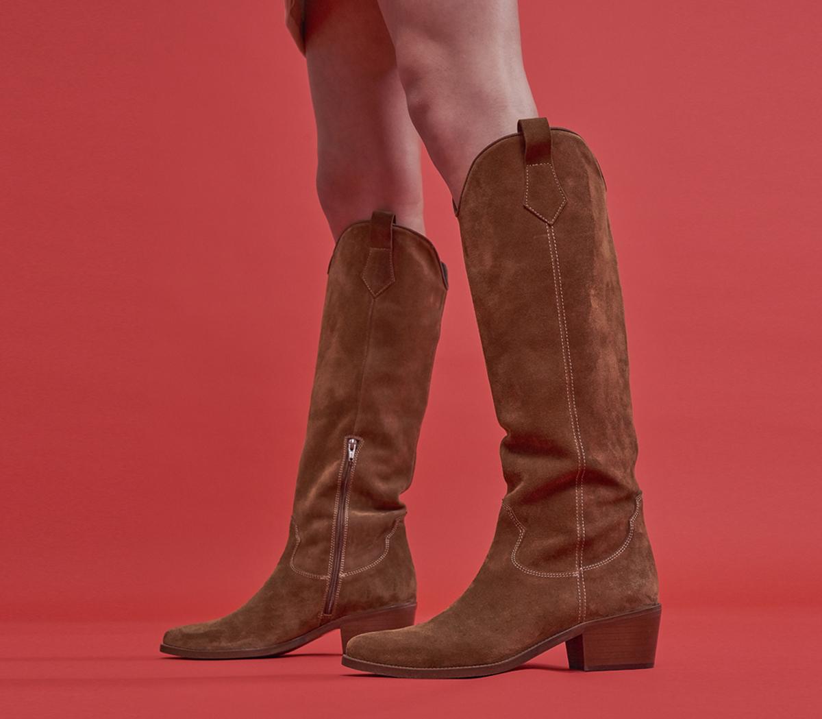 Office Kentucky Western Knee High Heeled Boots Office Kentucky Western Knee High Heeled Boots Tan Suede