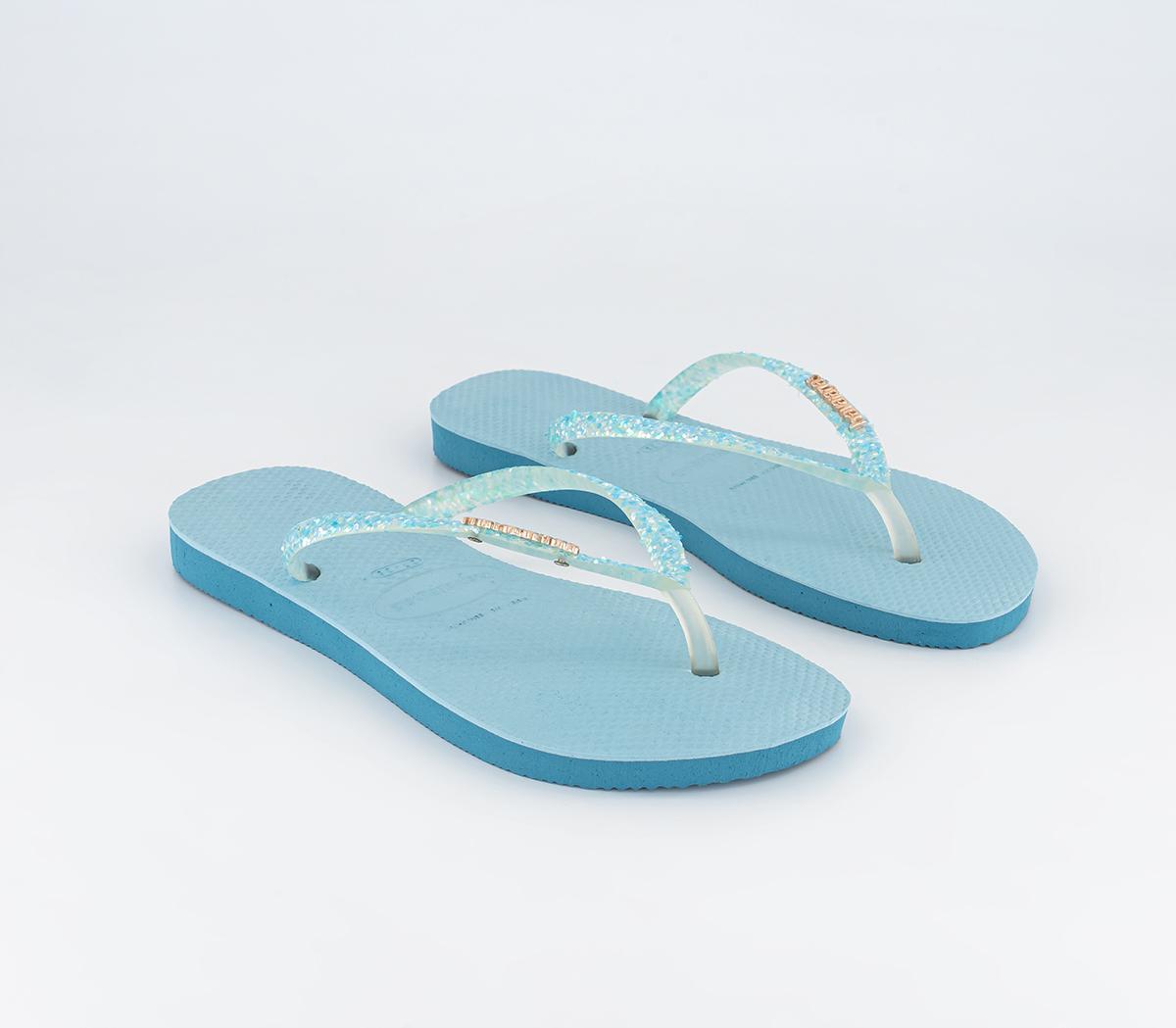 Havaianas Womens Slim Glitter Flourish Flip Flops Nautical Blue Synthetic, 3/4