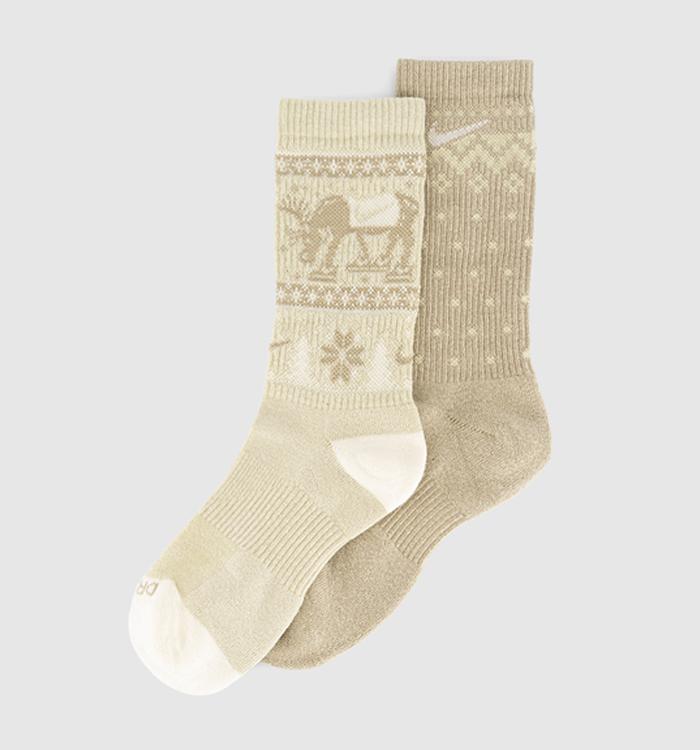 Nike Crew Socks 2 Pairs Brown Cream Christmas Sock