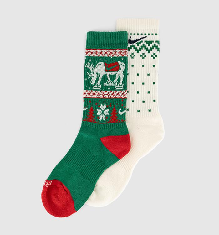 Nike Crew Socks 2 Pairs Green White Christmas Sock