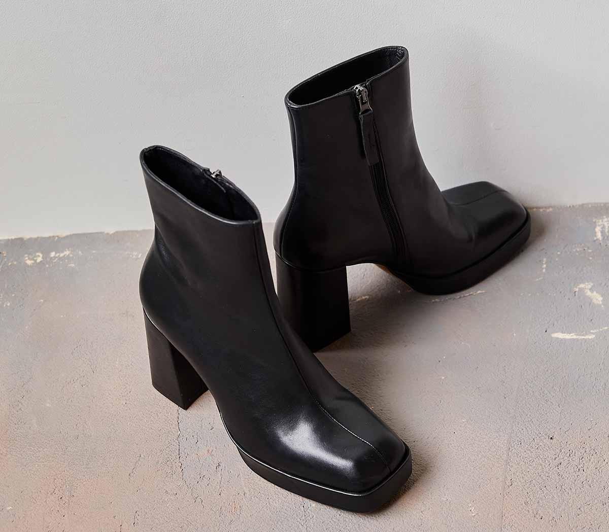 OFFICEAttitude Square Toe Platform Ankle BootsBlack Leather
