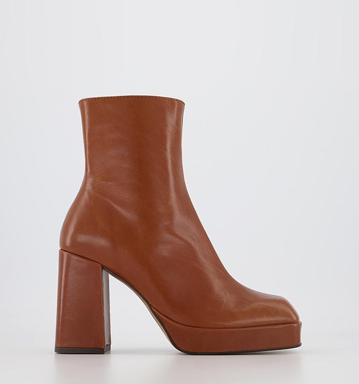 OFFICE Attitude Square Toe Platform Ankle Boots Tan Leather