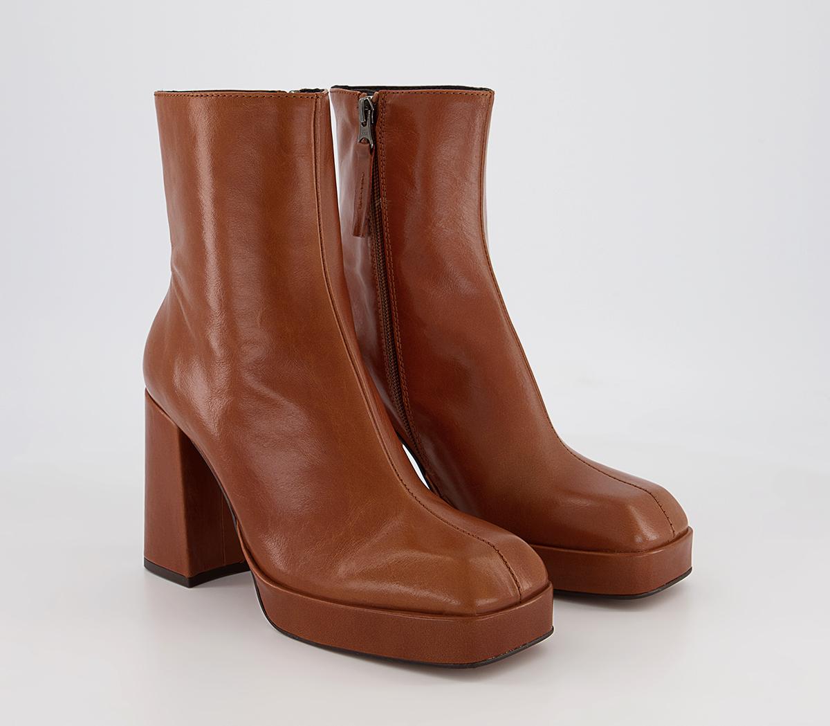 OFFICE Attitude Square Toe Platform Ankle Boots Tan Leather