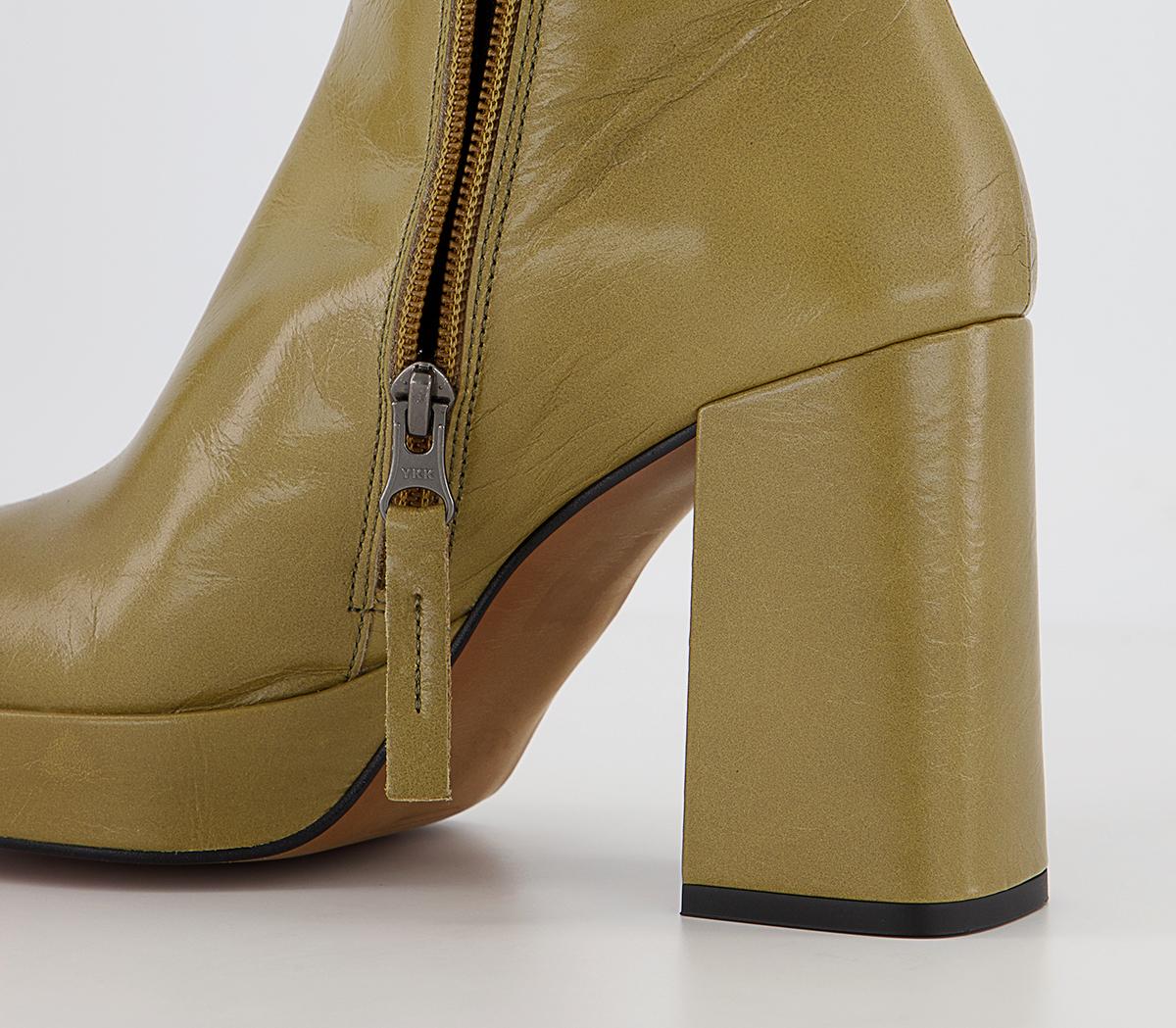 OFFICE Attitude Square Toe Platform Ankle Boots Green Leather Women's