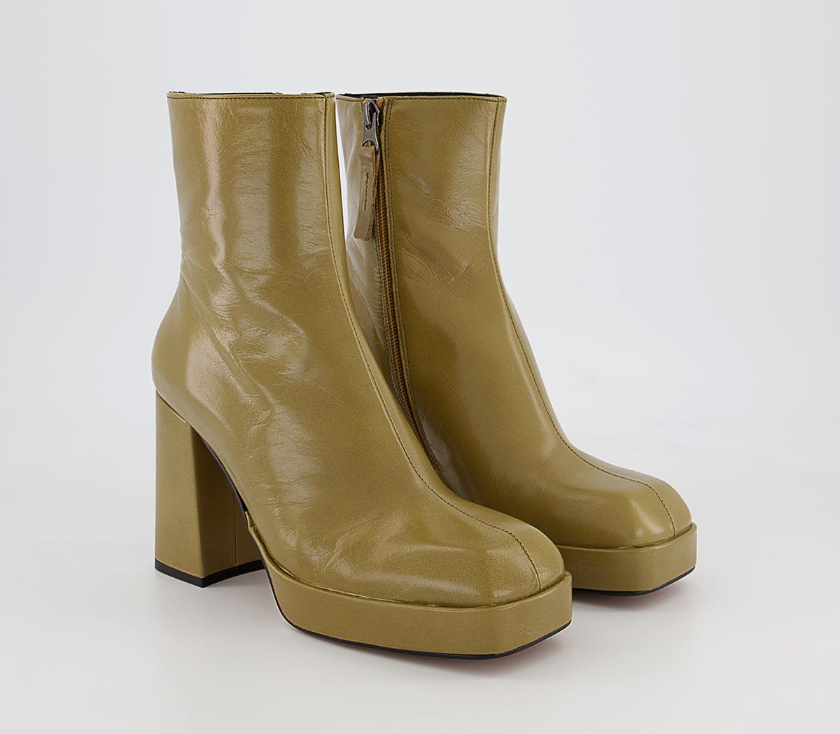 OFFICE Attitude Square Toe Platform Ankle Boots Green Leather Women's