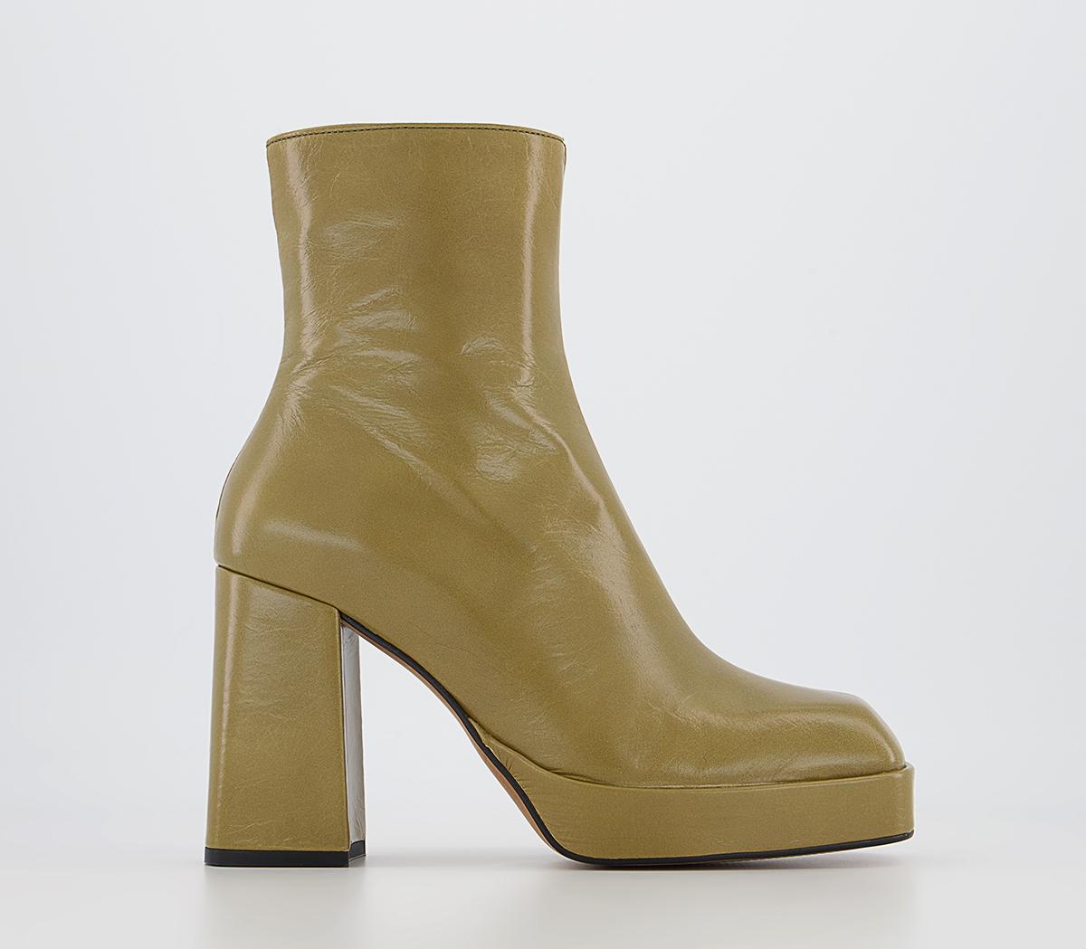 Attitude Square Toe Platform Ankle Boots Green Leather