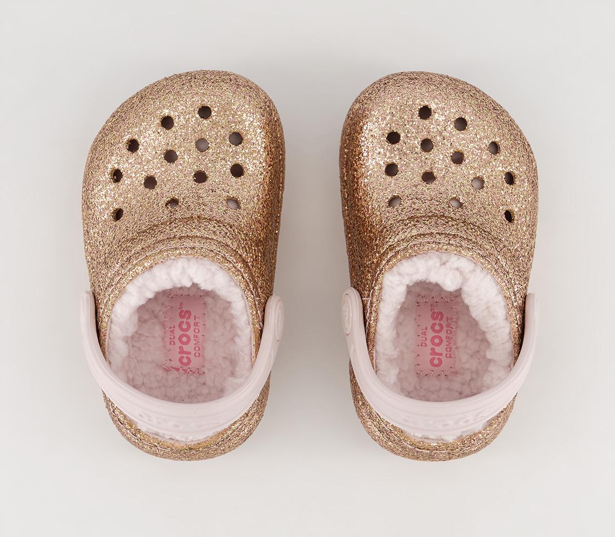 Crocs Classic Lined Toddler Clogs Gold Barely Pink Glitter Kids