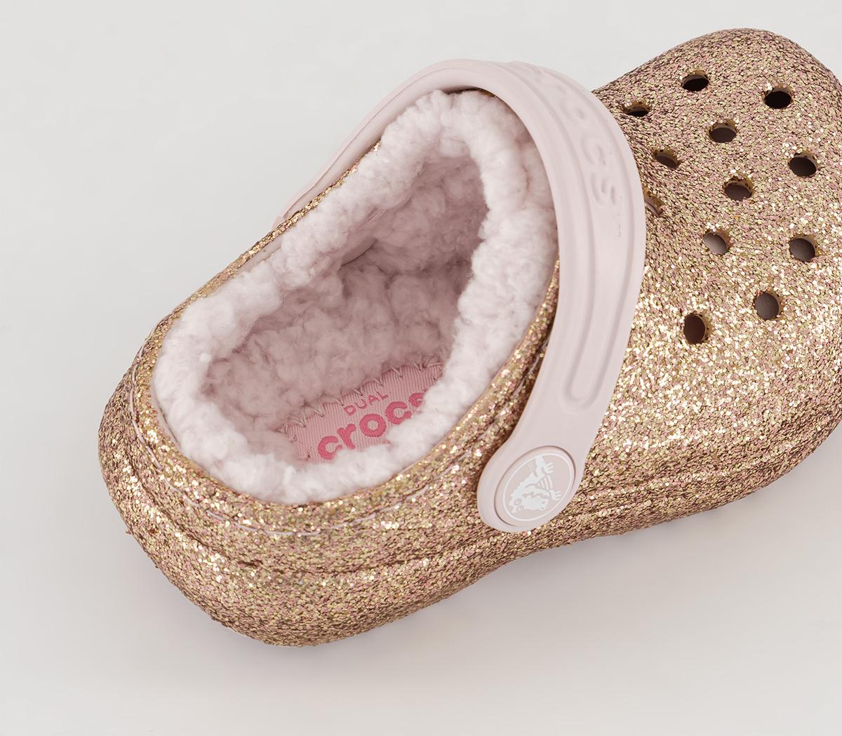 Crocs Classic Lined Toddler Clogs Gold Barely Pink Glitter Kids