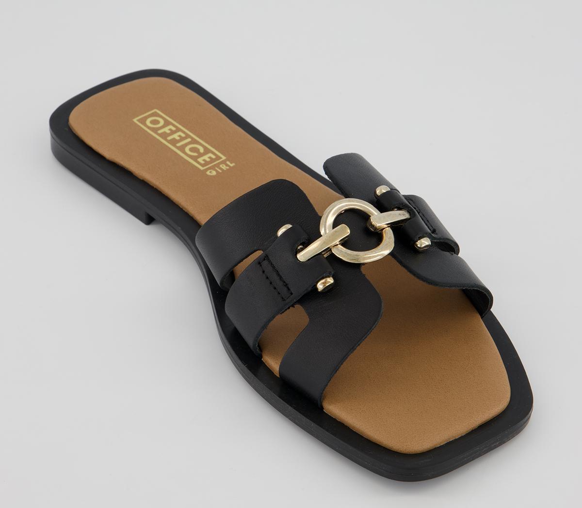 OFFICE Sydney Leather Gold Trim Slides Black Leather - Women’s Sandals