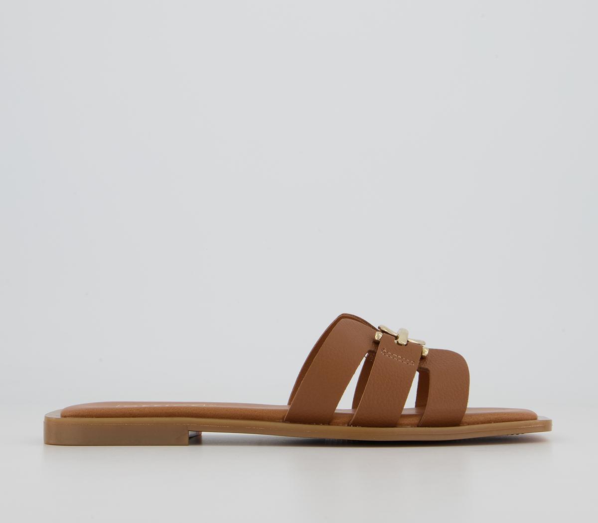 OFFICE Sydney Leather Gold Trim Slides Tan Leather - Women’s Sandals