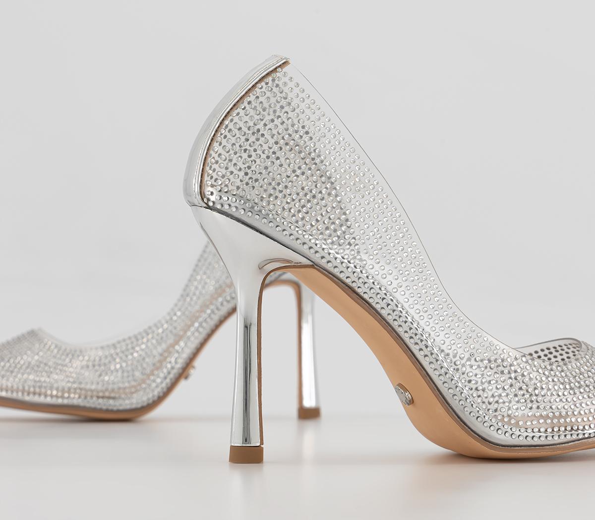 OFFICE Halsey Embellished Vinyl Courts Silver Embellished Heels