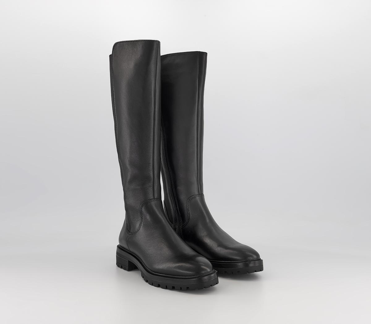 OFFICE Kelly Elastic Back High Leg Boots Black Leather Knee High Boots
