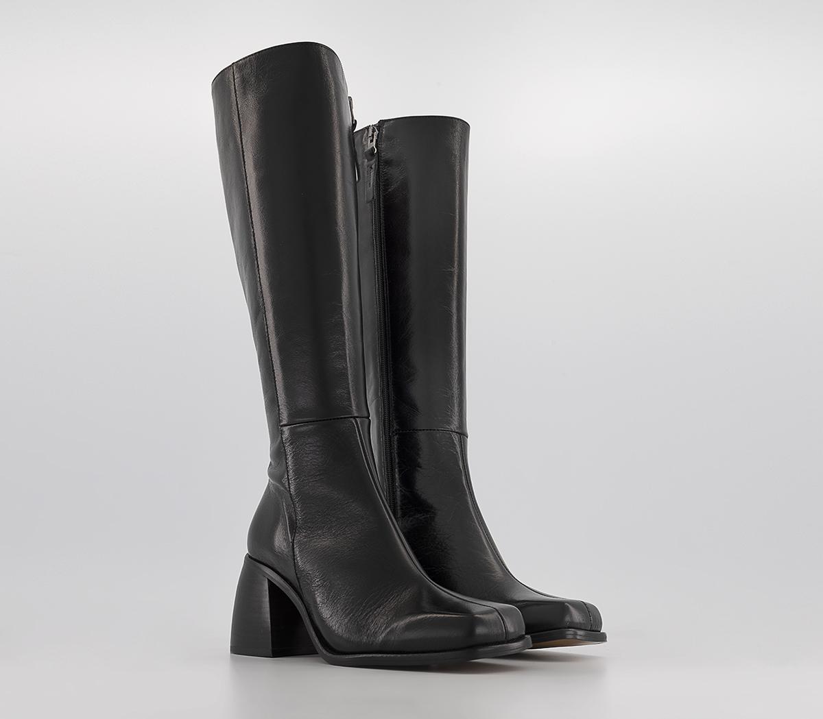 OFFICE Karson Square Toe Knee Boots Black Leather Knee High Boots